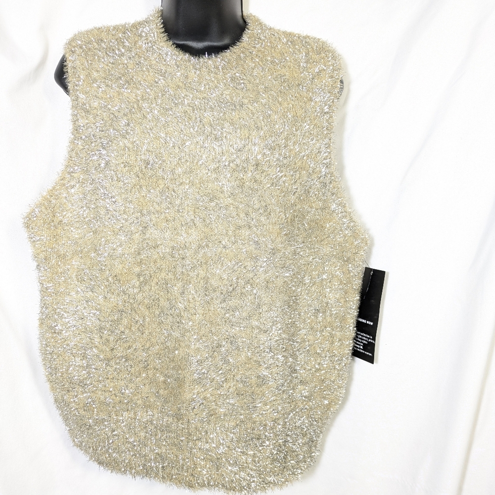 New Broadway 38 Sleeveless Gold & Sily Fuzzy Sweater Knit Top Holidays Event XL
